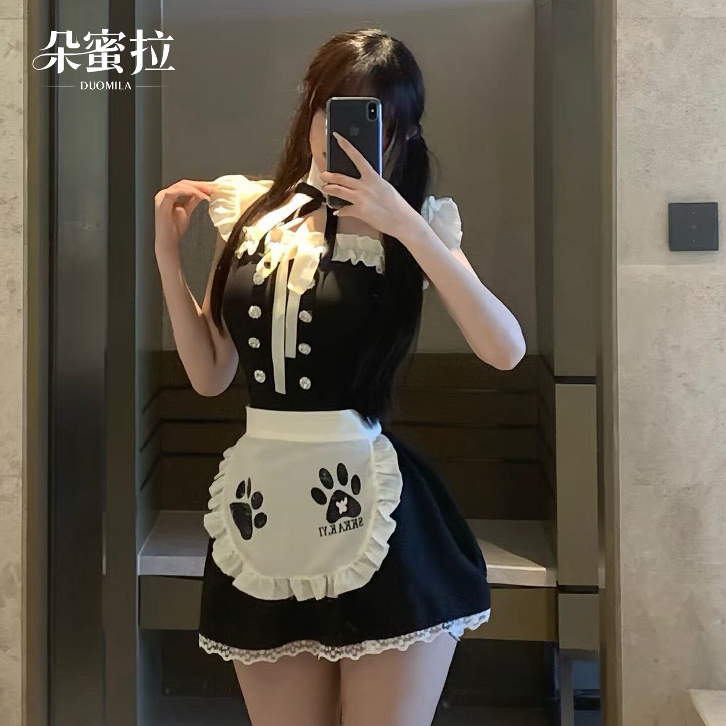 夏季女仆女装cos制服套装性感战袍禁欲系可爱趣味黑色吊带睡裙