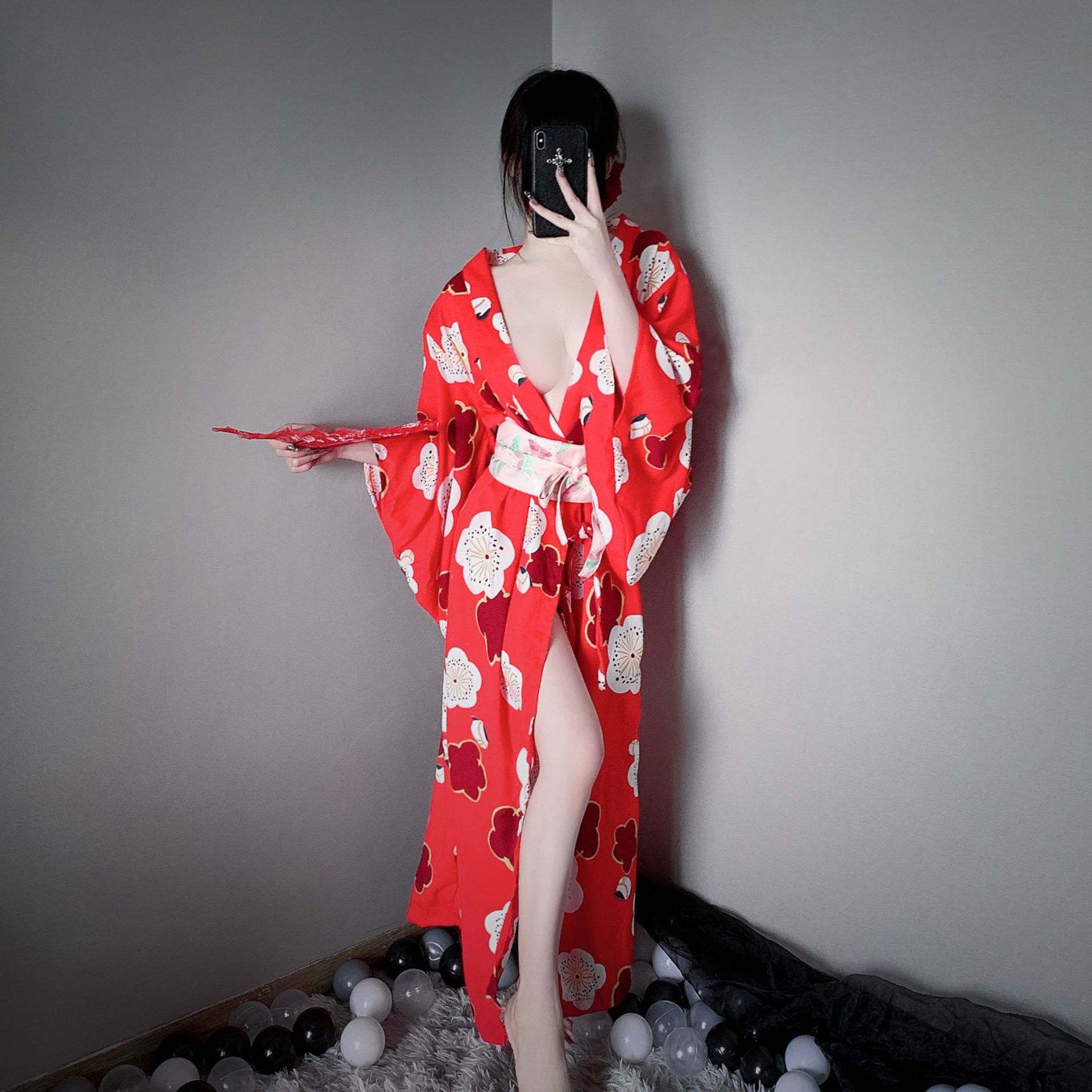 性感日式樱花和服温泉浴袍诱惑睡衣女夏冰丝v领印花cos睡袍家居服