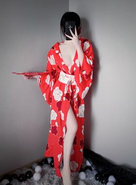 性感日式樱花和服温泉浴袍诱惑睡衣女夏冰丝v领印花cos睡袍家居服