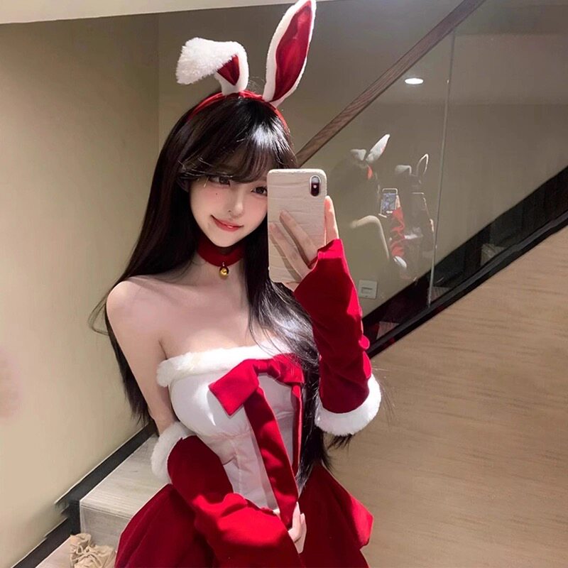 圣诞性感氛围感红色连衣裙圣诞节穿搭cos套装抹胸圣诞纯欲风显白