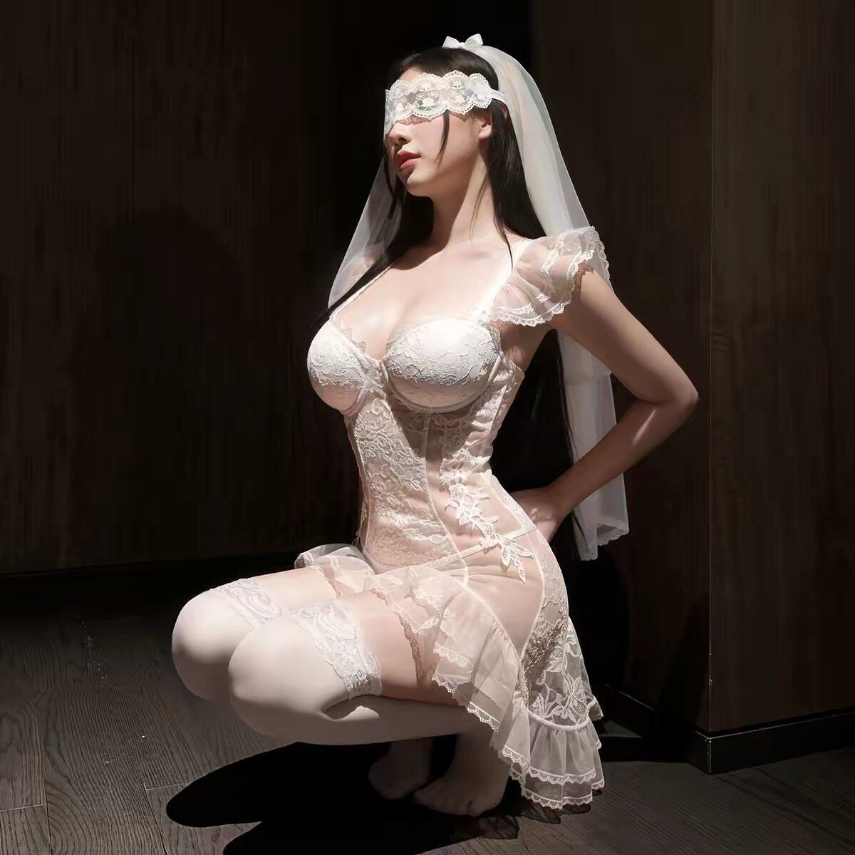性感睡衣女钢圈棉垫透视蕾丝V领新娘婚纱制服套装角色扮演qq衣物