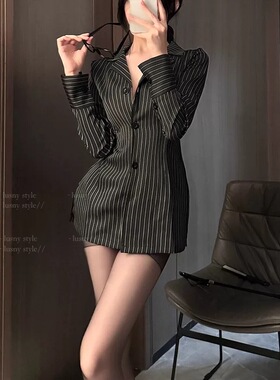 御姐黑色条纹长袖衬衫女禁欲系制服薄款外套收腰修身上衣ol职业装