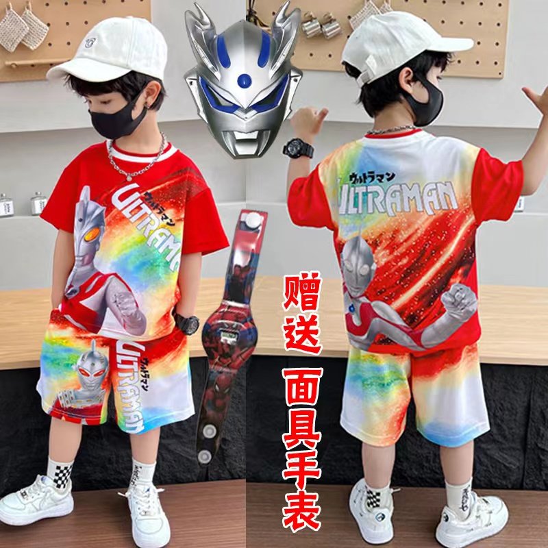 潮牌韩版男童夏季套装奥特曼衣服夏天男宝宝小男孩短袖套装运动