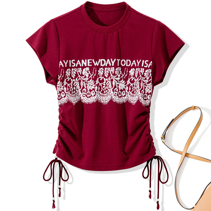 2025年春夏季女装新款时尚圆领印花短袖T恤侧抽绳休闲上衣