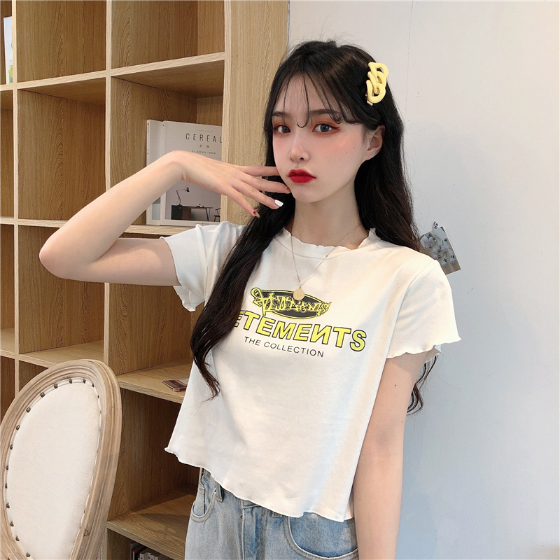 Real photo 2021 short sleeve T-shirt women's short loose auricular edge letter top