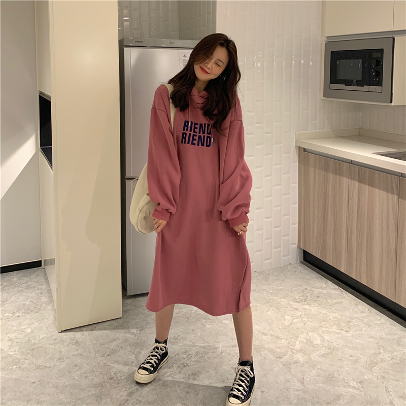 Real shot Plush thick embroidered letter Hooded Sweater mid length over knee Slouchy style loose dress