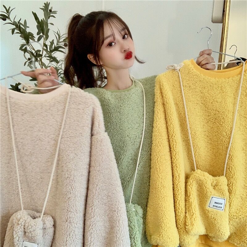 Real shot women's sweater thickened autumn and winter Korean version lazy style BF loose lambskin Pullover Top