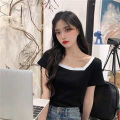實拍 高彈緊身性感低領鎖骨上衣心機方領短袖t恤女