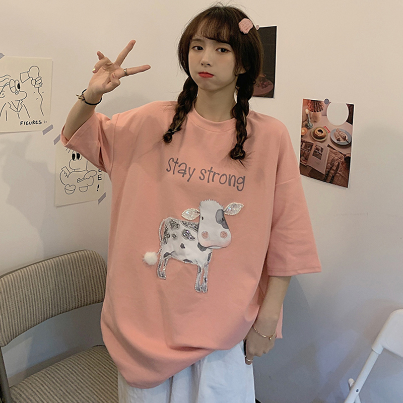 實拍短袖恤女夏新款韓版潮刺繡花上衣大碼女裝