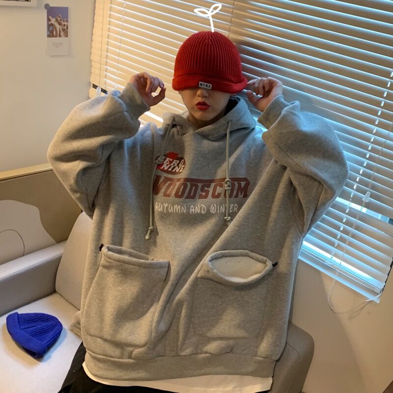 Real shot hooded drawstring personality hundred treasure large pocket letter sweater female coat student