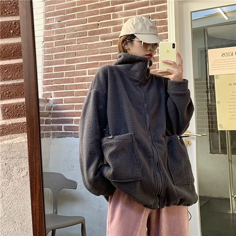 Real shot of autumn and winter thickened lamb Plush stand collar zipper outer jacket