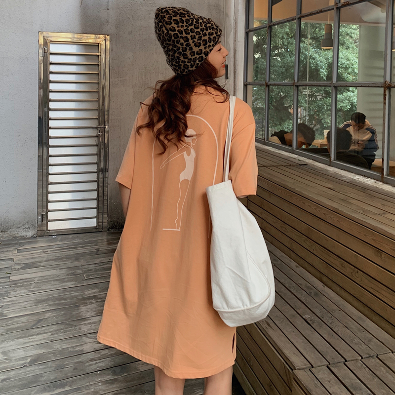 Real shot summer pocket lazy skirt short sleeve medium length T-shirt skirt loose split dress