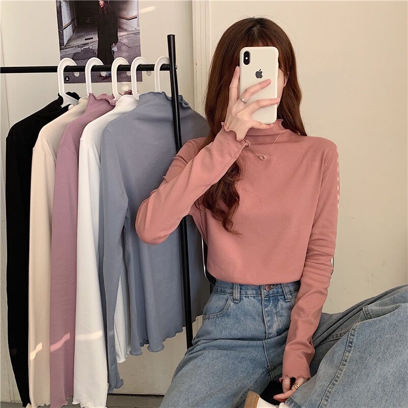 Real shot half high collar bottomed shirt with spring and autumn velvet wood ear edge top, middle collar and long sleeve T-shirt