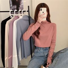 Real shot half high collar bottomed shirt with spring and autumn velvet wood ear edge top, middle collar and long sleeve T-shirt