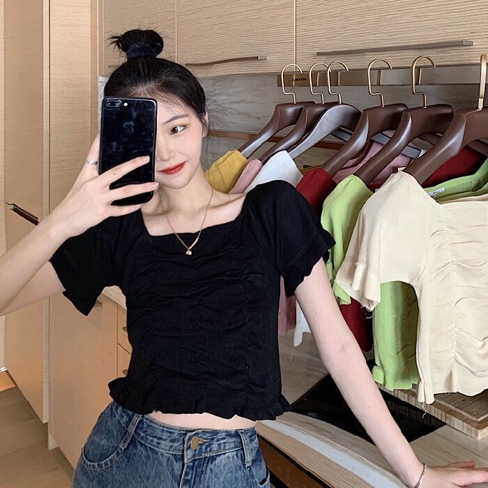 Real color short knitted short sleeve T-shirt, slim fitting, collar with high waist and exposed navel