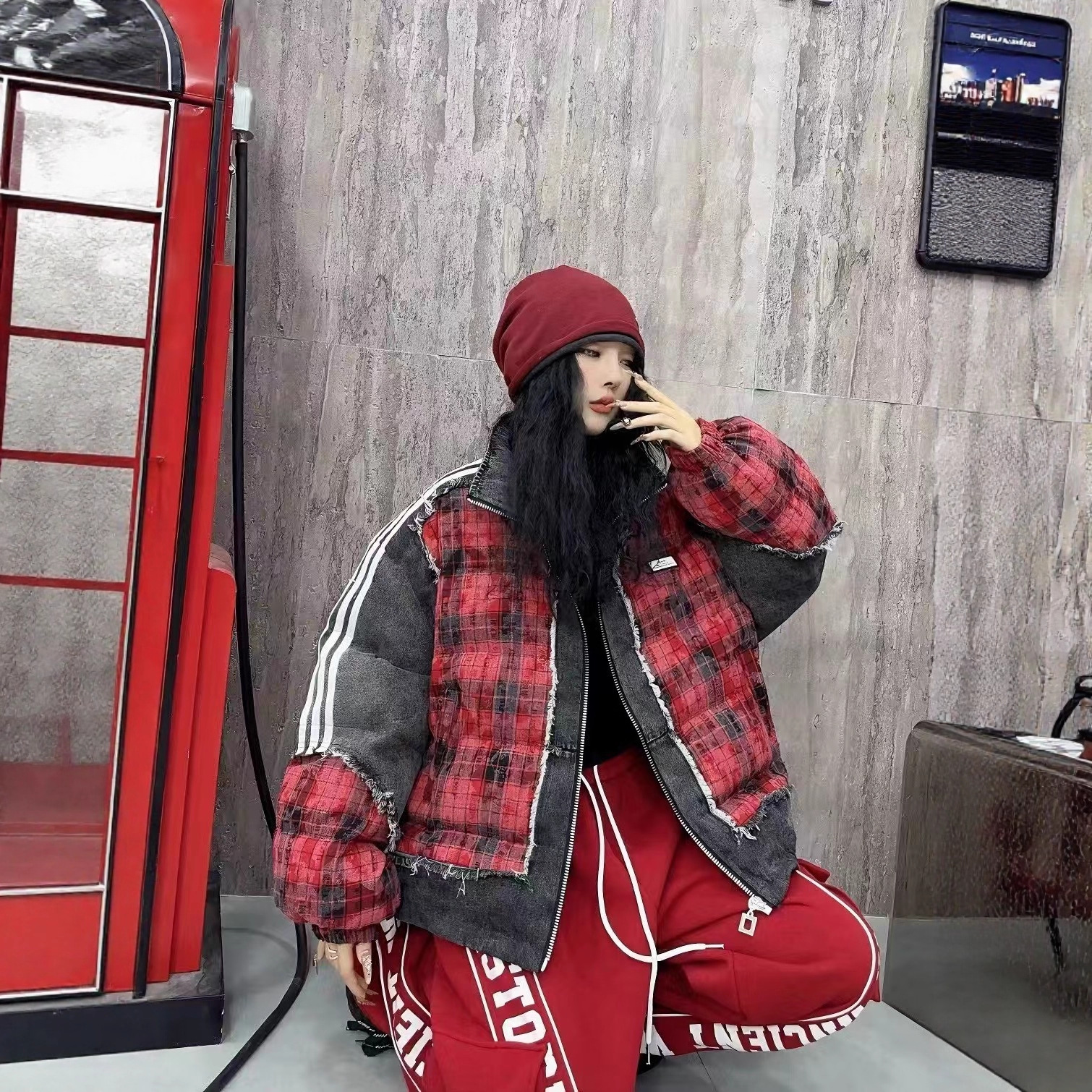 欧韩潮牌棉衣女2025冬新款牛仔拼接红色格子羽绒棉内胆面包服外套