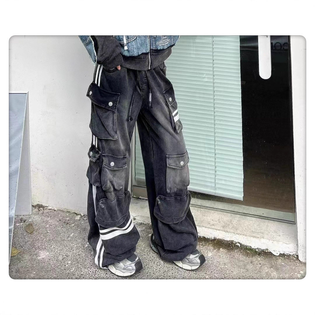 欧货潮牌宽松多袋工装裤女2026春款拼接杠条浙变色磨白休闲直筒裤