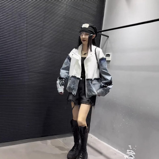 欧货潮牌立领风衣女2026春款牛仔撞色拼接三条杠宽松夹克上衣外套