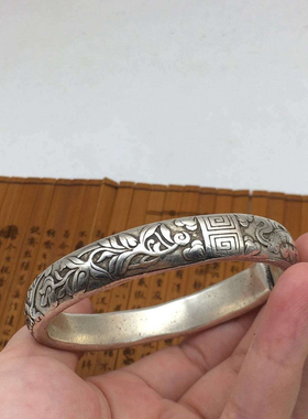 老银手镯雕花手工浮雕做旧白银实心复古款非纯银镯泰银花纹老银匠