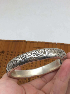 老银手镯雕花手工浮雕做旧白银实心复古款非纯银镯泰银花纹老银匠