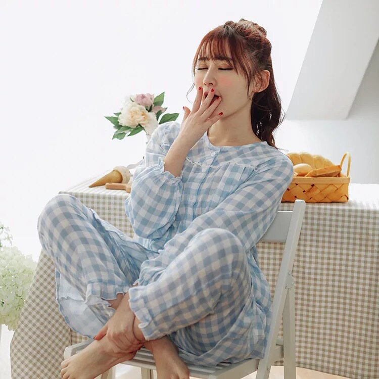 대외 무역 원래 싱글 출산 수유복 체크 무늬면 더블 레이어 거즈 긴팔 잠옷 잠옷 잠옷 산후 옷 플러스 지방 플러스 사이즈
