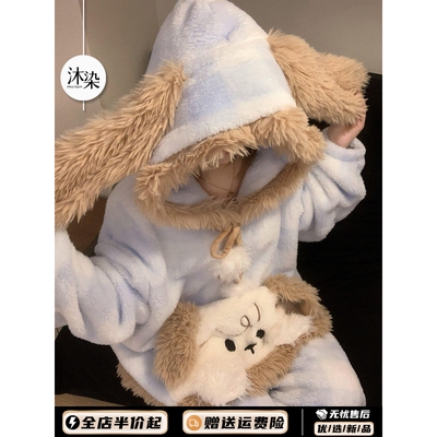 少女可爱卡通连帽珊瑚绒睡衣冬季女款2025新款加厚保暖可外穿套装