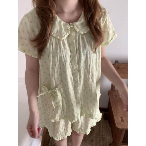 沐染家 薄荷绿波点印花娃娃领睡衣女夏款新款宽松大码家居服套装