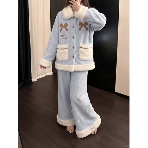 沐染家 软乎乎毛绒加厚珊瑚绒睡衣女冬季加厚保暖大码家居服套装