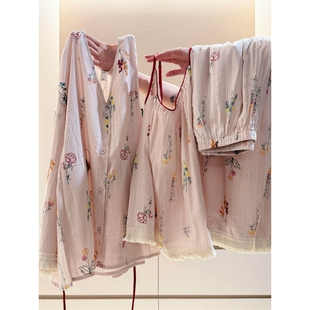 宽松大码 沐染家 新款 宫延风碎花睡衣女春秋季 可外穿三件套秋 法式