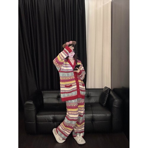 沐染家 费尔岛彩色提花针织开衫睡衣女冬季加绒加厚家居套装外穿