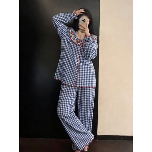 沐染家 法式甜美碎花刺绣睡衣女春秋季新款宽松慵懒风家居服套装