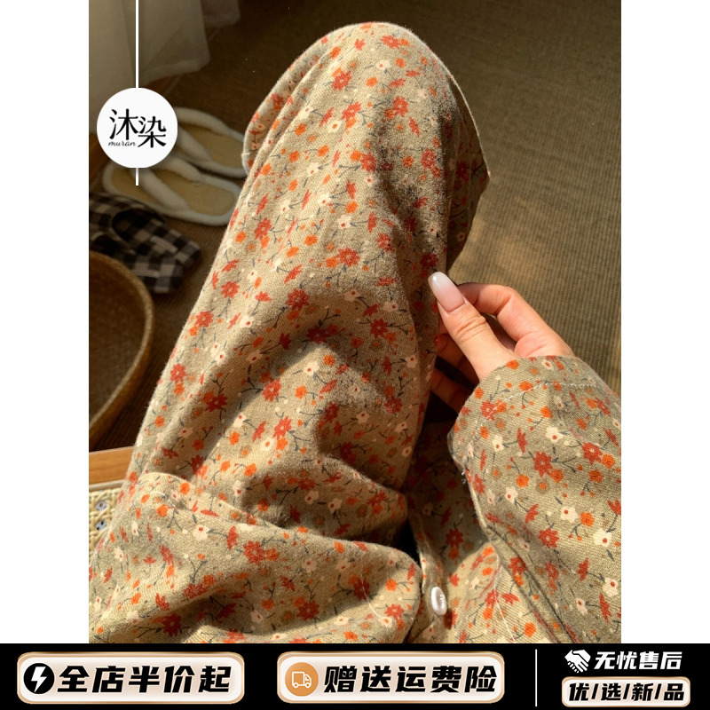 法式甜美复古碎花磨毛睡衣女秋冬