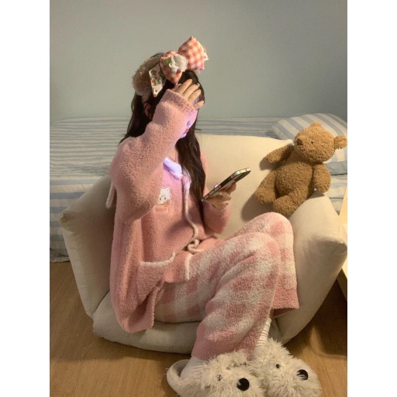 粉色少女可爱小猫印花半边绒睡衣