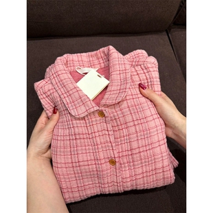 沐染 甜美复古格子双层棉睡衣女春秋季新款亲肤舒适居家纯棉套装