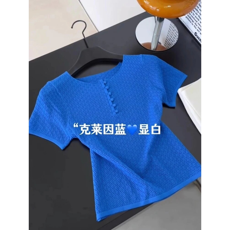 克莱因蓝显白简约针织短袖睡衣女
