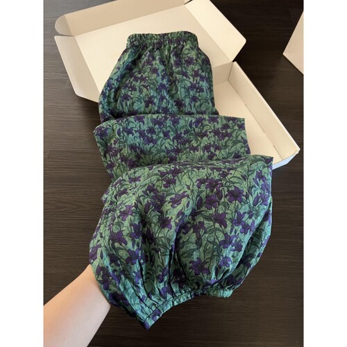 沐染家 复古绿调植物花卉棉绸睡裤女夏季宽松薄款家居长裤可外穿
