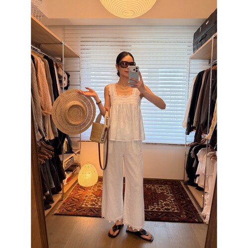 沐染家 法式镂空花边吊带睡衣女夏季女士宽松大码居家可外穿套装