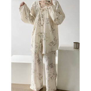 复古国风竹林印花纯棉睡衣女春秋季休闲大码可外穿棉纱家居服套装
