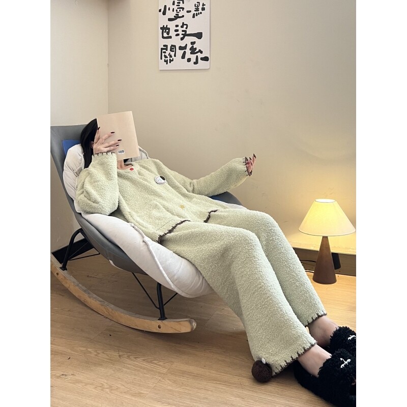 沐染家 可爱卡通软糯毛绒针织睡衣女冬季加厚长袖长裤家居服套装