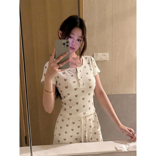 韩系可爱小熊印花带胸垫睡衣女夏