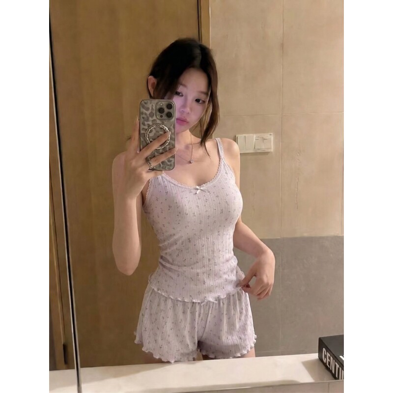 沐染家 日系甜美小碎花吊带睡衣女夏款新款纯欲风辣妹家居服套装