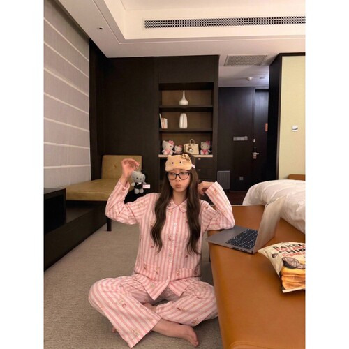 沐染家可爱卡通条纹睡衣女春秋