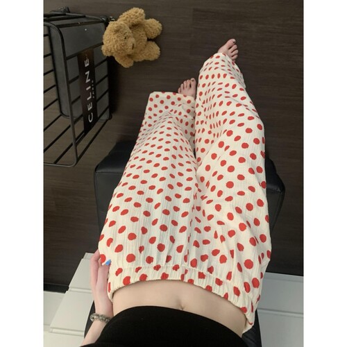 沐染家 时尚设计感波点印花睡裤女夏季宽松松弛感直筒裤居家长裤