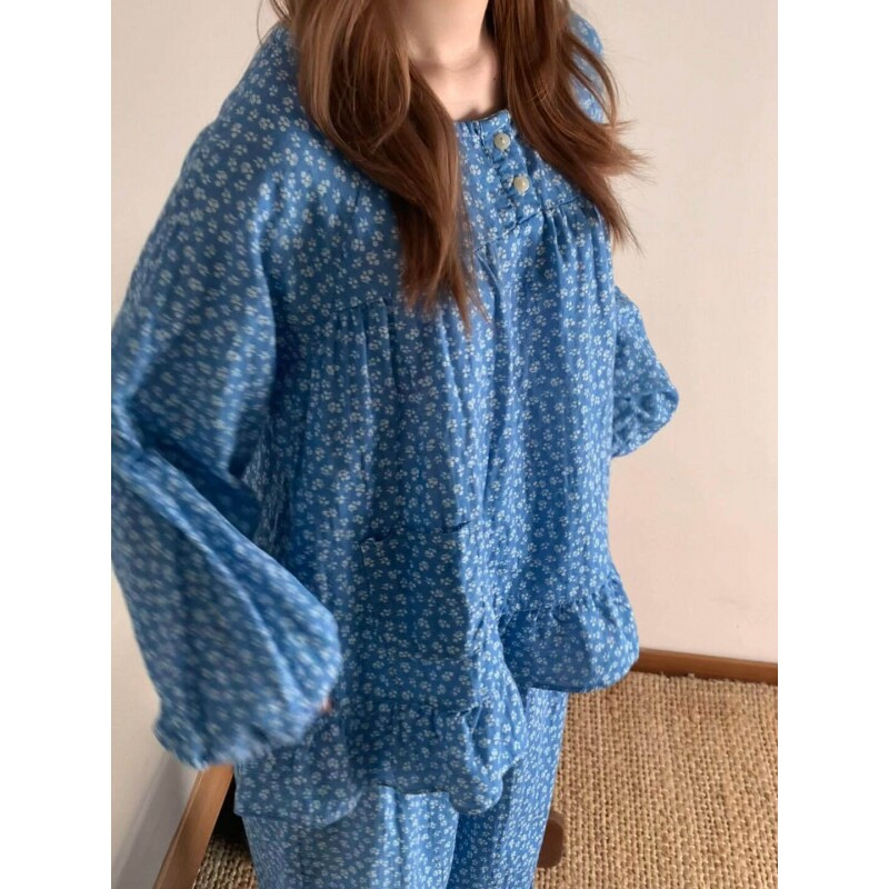 沐染家 田园风小碎花纯棉睡衣女春秋季新款宽松慵懒风家居服套装