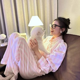 简约条纹睡衣女夏季 少女开衫 日式 2025年新款 可外穿 长裤 家居服套装