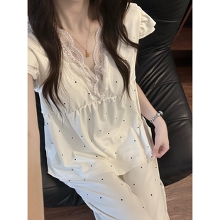 沐染家 莫尔代蕾丝花边带胸垫短袖睡衣女夏季亲肤舒适家居服套装