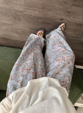 沐染家复古风碎花棉绸睡裤女夏