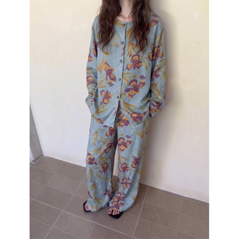 沐染家 法式宫延风花卉棉绸睡衣女秋季宽松舒适可外穿家居服套装