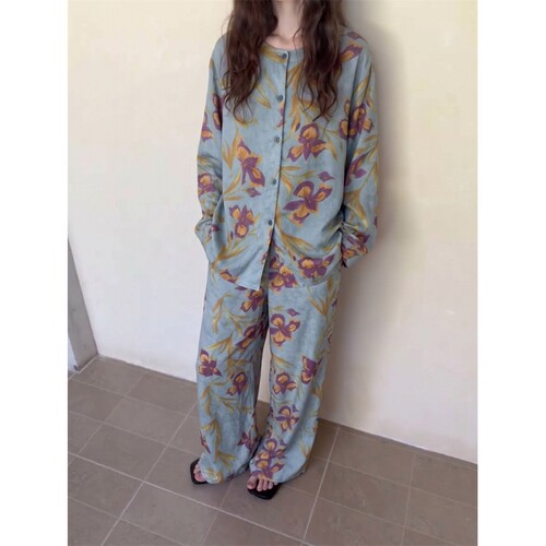沐染家 法式宫延风花卉棉绸睡衣女秋季宽松舒适可外穿家居服套装