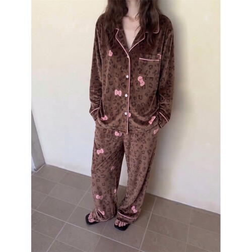 美式复古豹纹蝴蝶结海岛绒睡衣女